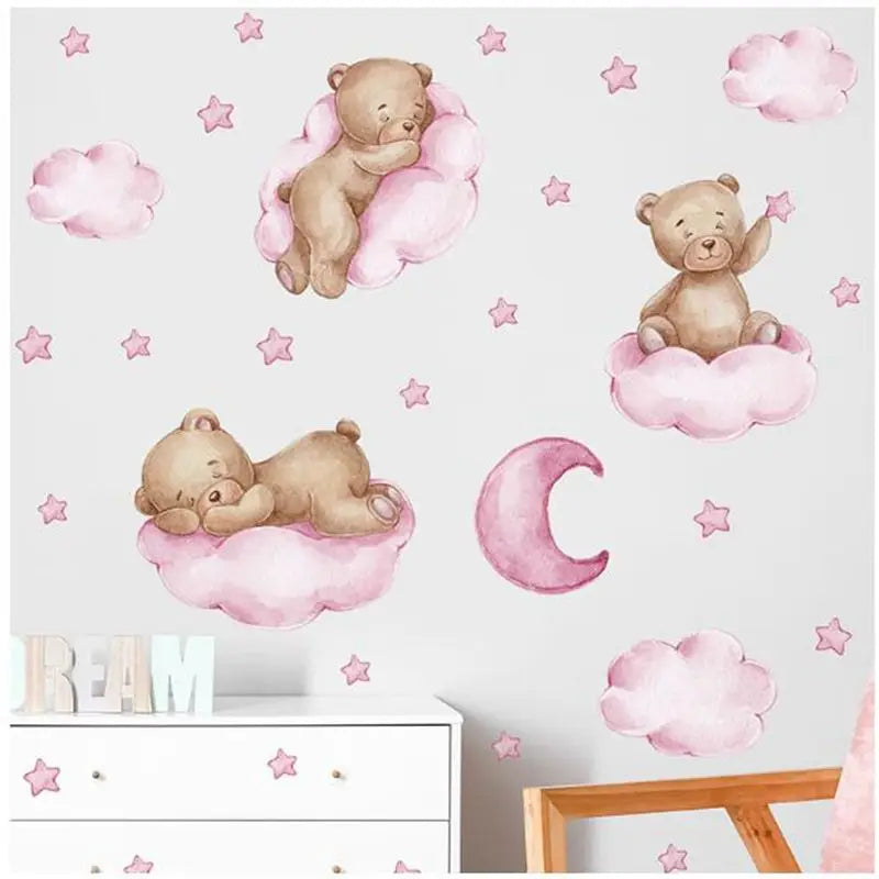 stickers muraux ours peluche rose bleu nuages bonne nuit décoration enfant illustration douce