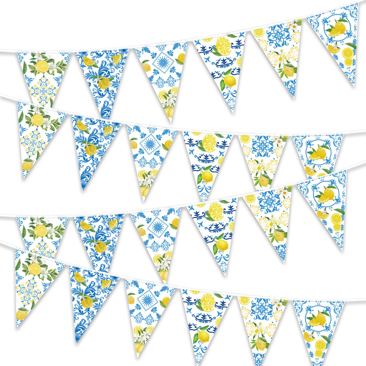 guirlande fanions bleu blanc citrons fleurs motifs géométriques décorative festive anniversaire mariage fêtes