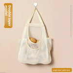 sac rangement polyester beige maille fine pratique moderne crochets mural poche frontale