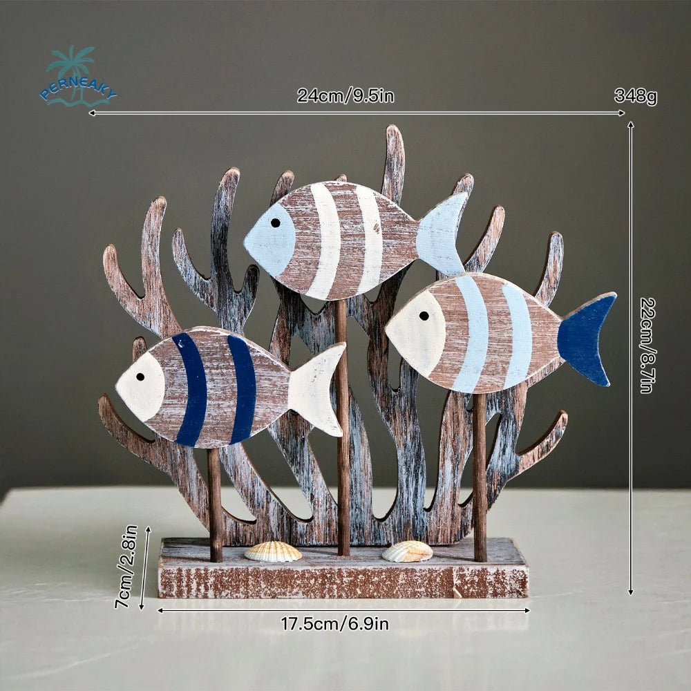 sculptures decoratives nautiques animaux marins poissons coquillages coraux vintage bois poli decoration blanc bleu