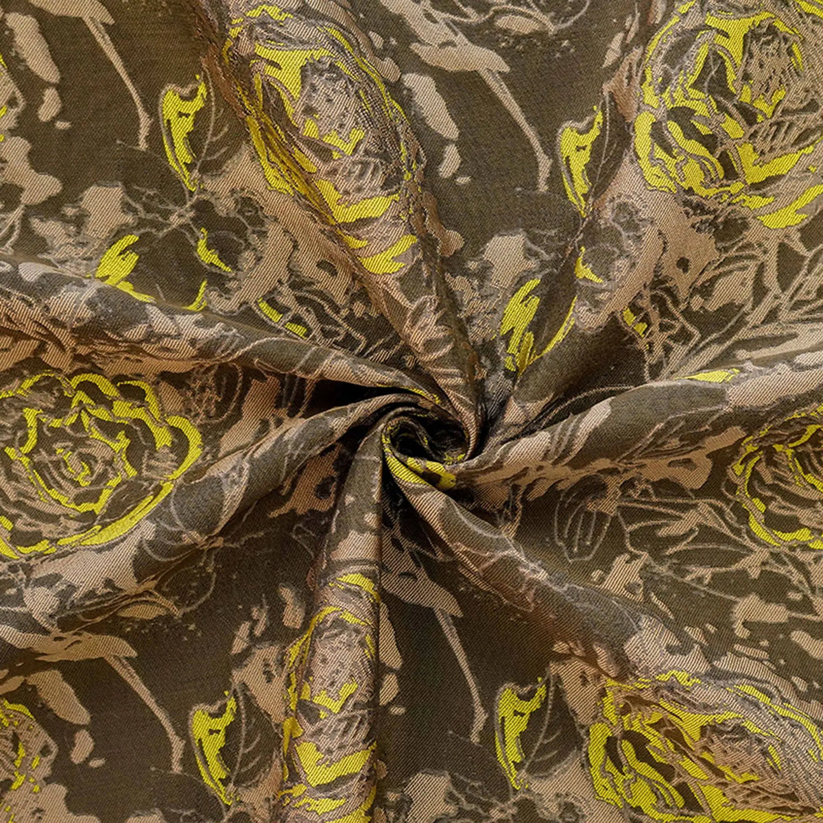 tissu imprimé fleurs stylisées marron jaune moderne élégant polyester largeur 140cm respectueux environnement