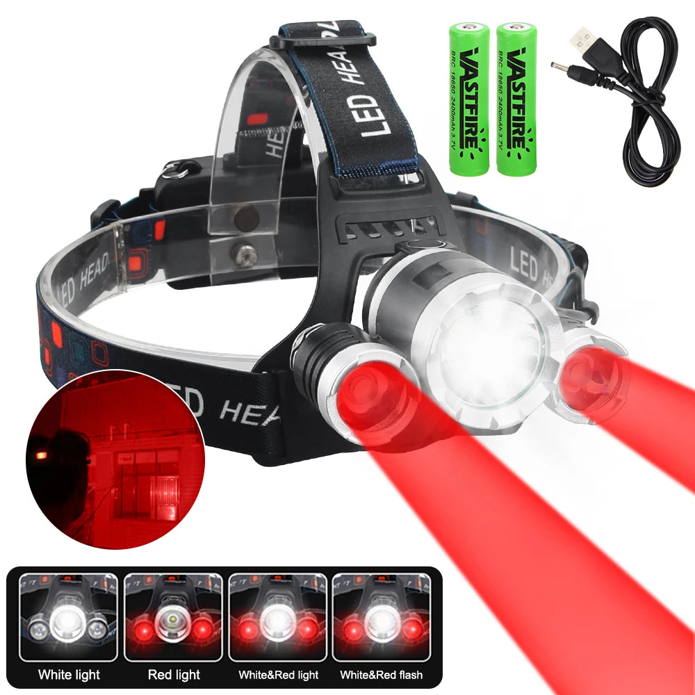 lampe frontale led noire rechargeable usb camping red verte blanche fixe ceinture