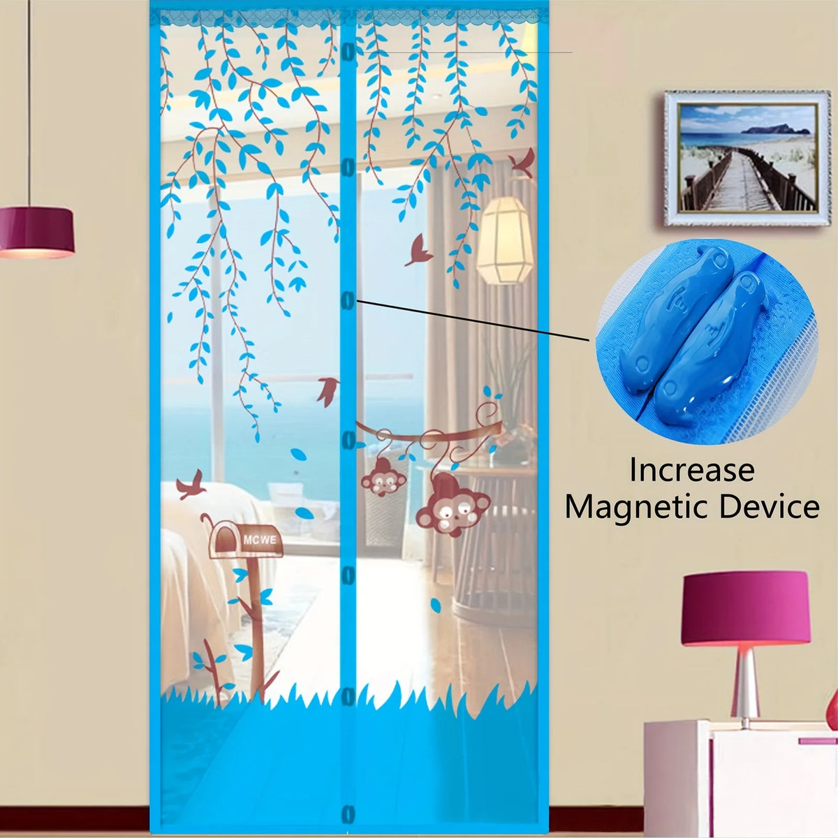 rideau magnétique violet vert bleu marron feuilles oiseaux moderne translucide porte 100cm 210cm