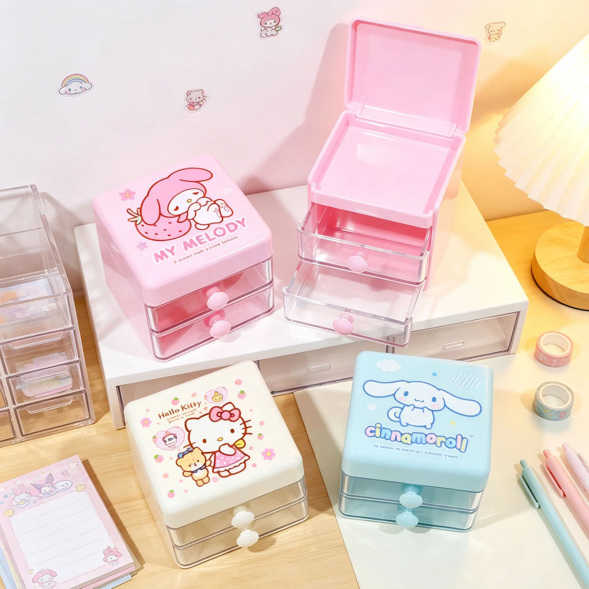 boîtes bijoux dessins animés hello kitty my melody cinnamoroll kawaii poignées blanches rose blanc