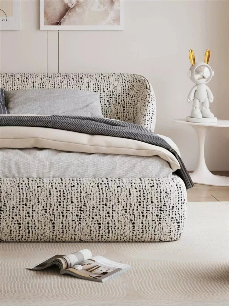 lit tissu texturé tête lit moderne minimaliste beige gris blanc chambre coucher matériaux bois