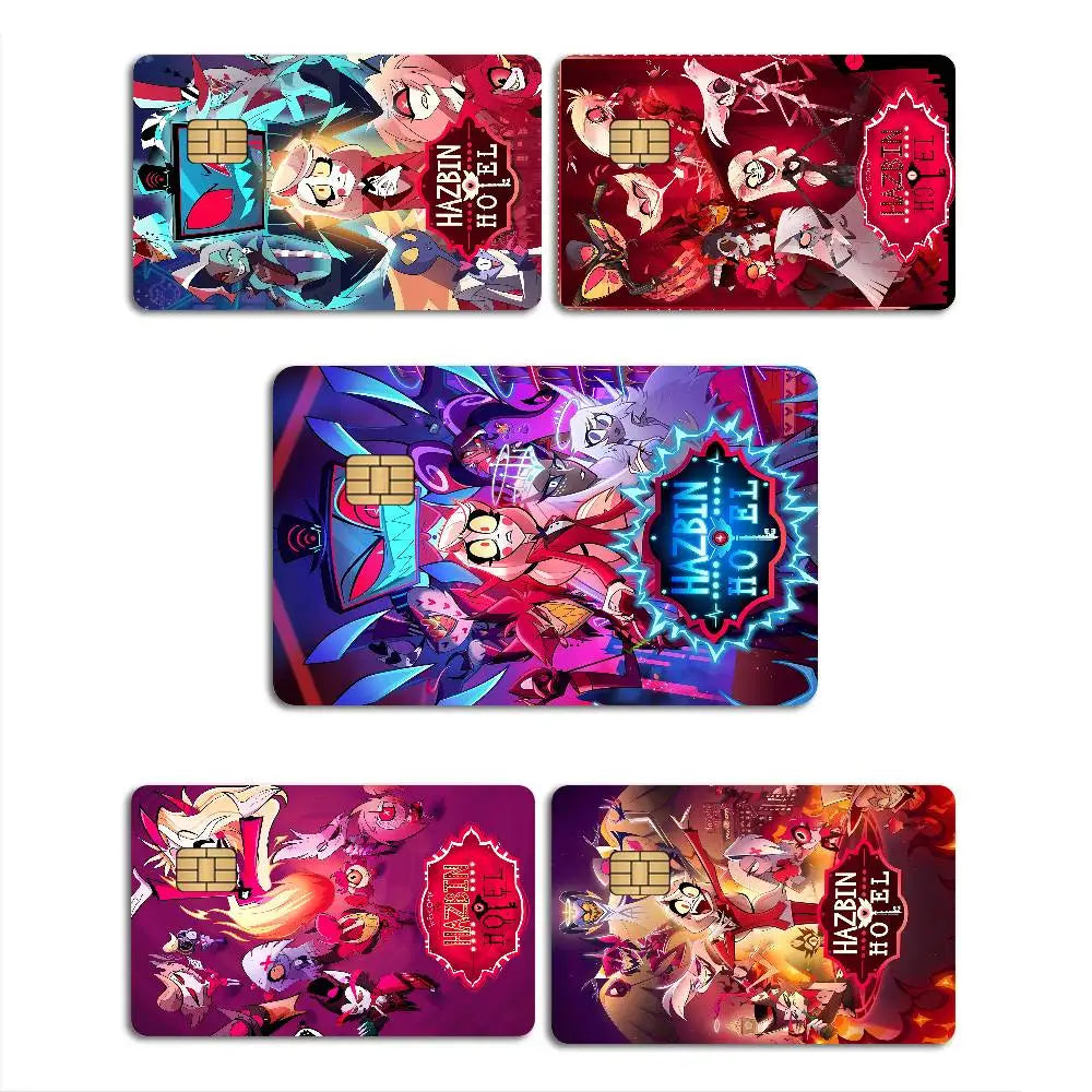 autocollant carte bancaire hazbin personnages dessin animé bleu violet rouge pop art