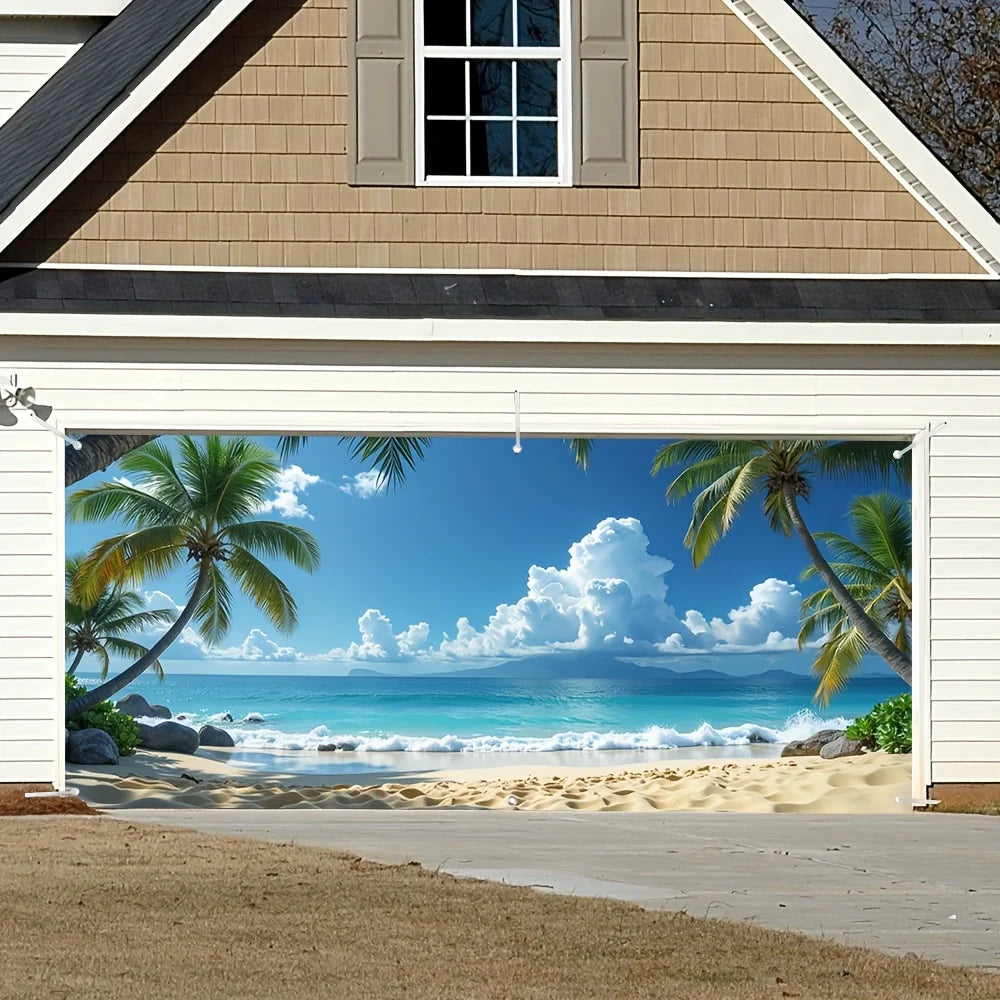 rideau garage plage hawaïenne palmiers eau turquoise moderne opacité occlusions bleu blanc
