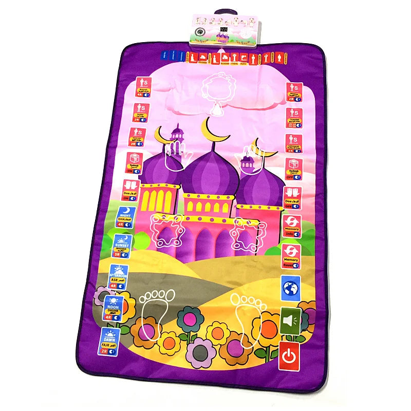 tapis interactif éducatif prière enfants musulmans illustrations mosquée palmiers motifs floraux éducatifs