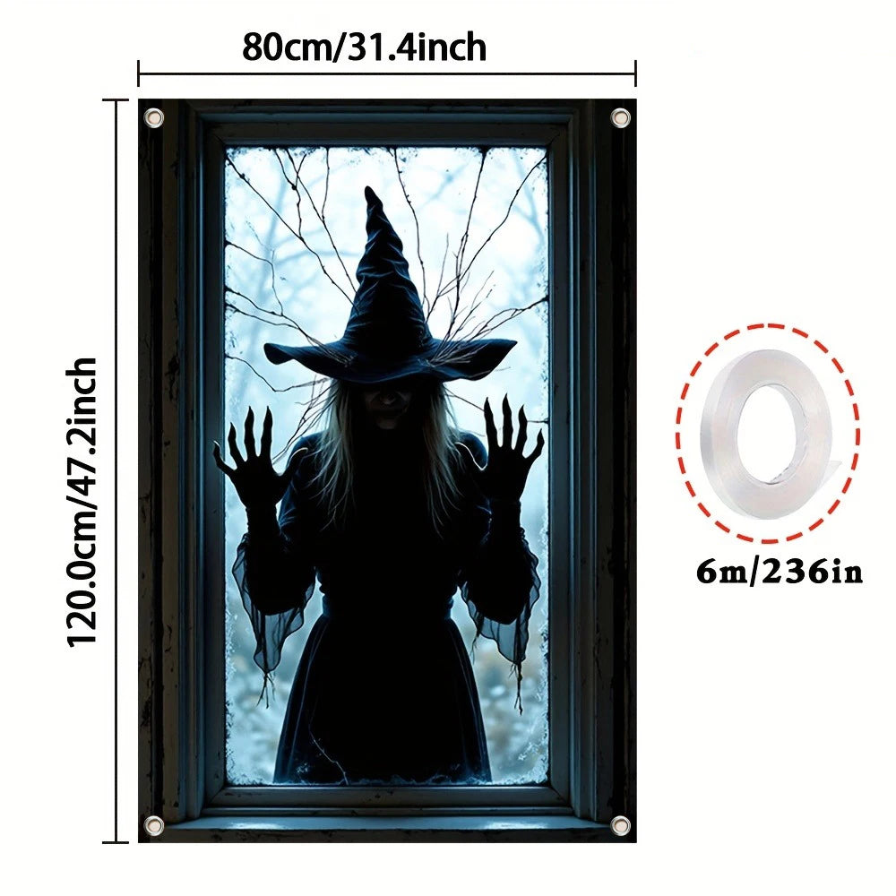 décoration halloween fenêtre sorcière toile d'araignée motifs effrayants polyester 80x120 cm