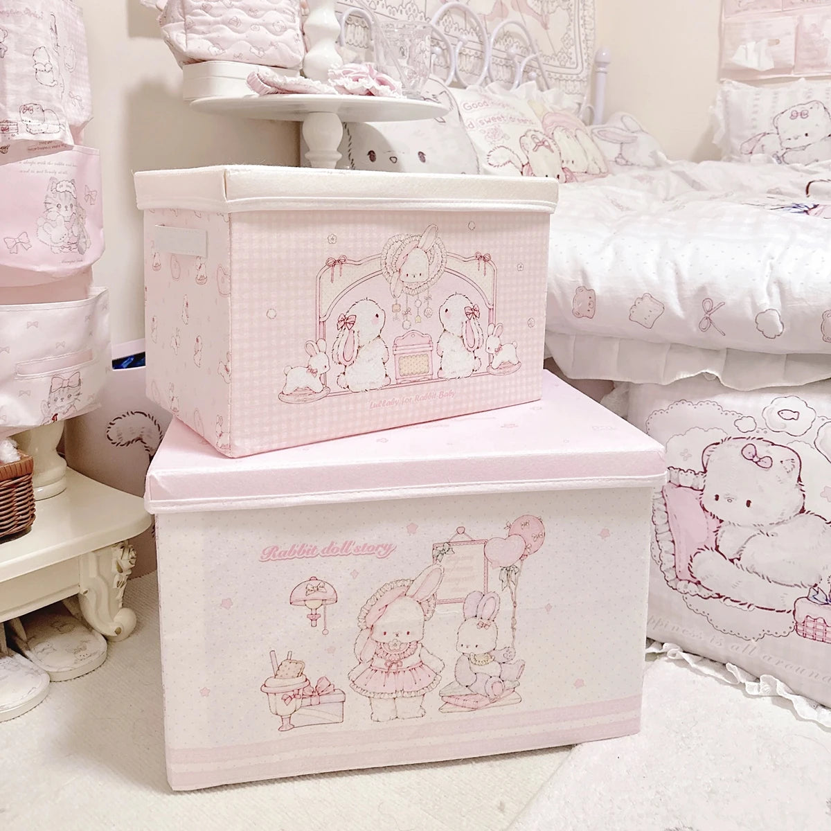 boîtes rangement rose mignonnes carreaux pliables poignées anti poussière enfantines chambre dormir