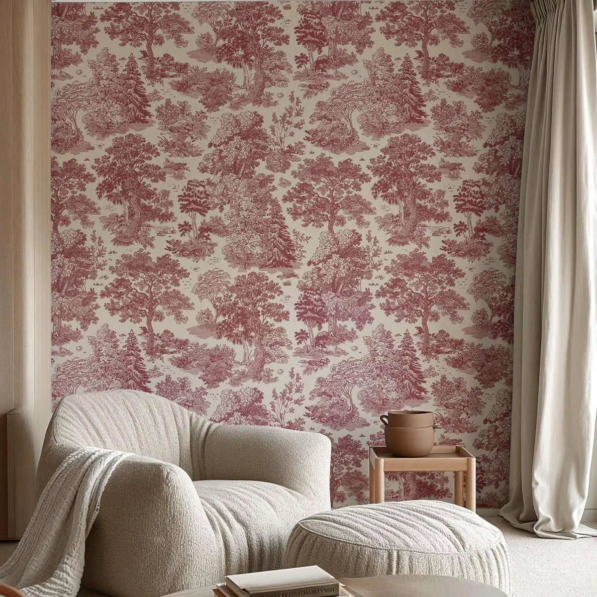 papier peint toile rouge paysage forêt classique vintage adhésif résistant isolation thermique chambre salon