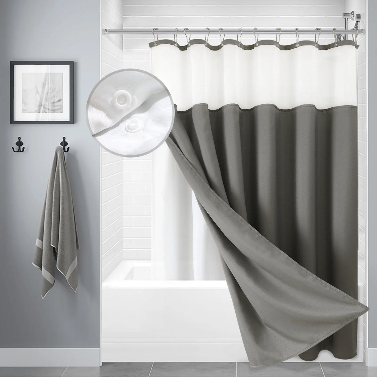 rideau douche moderne bleu clair imperméable double couche anneaux inox blanc opaquet gouttes d'eau