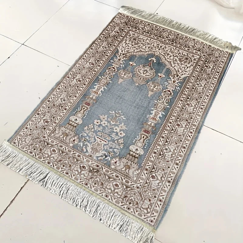 tapis prière islamique traditionnel bleu clair motifs floraux polyester lavable machine voyage usage intérieur