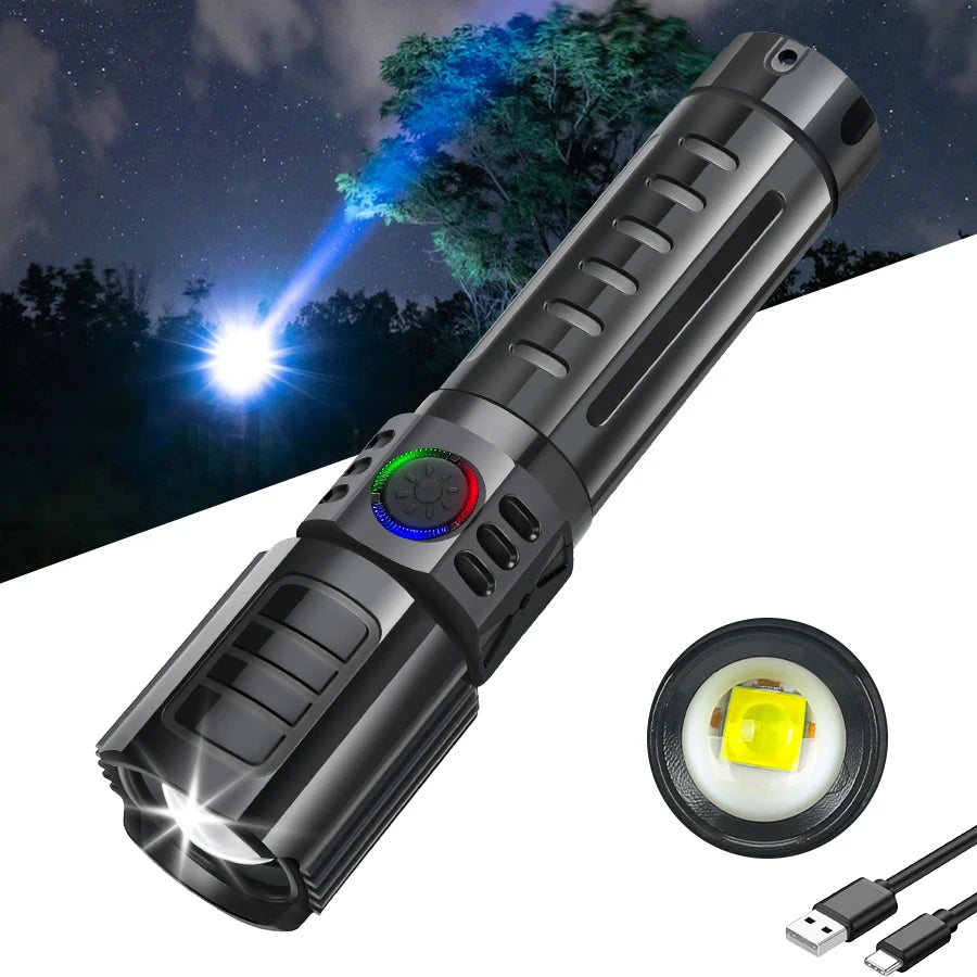 lampe torche rechargeable usb led haute luminosité étanche zoom camping randonnée portable noire moderne
