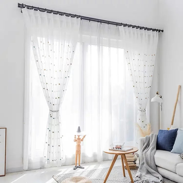 rideau tulle brodé points moderne transparent anneaux polyester blanc marron bleu vert