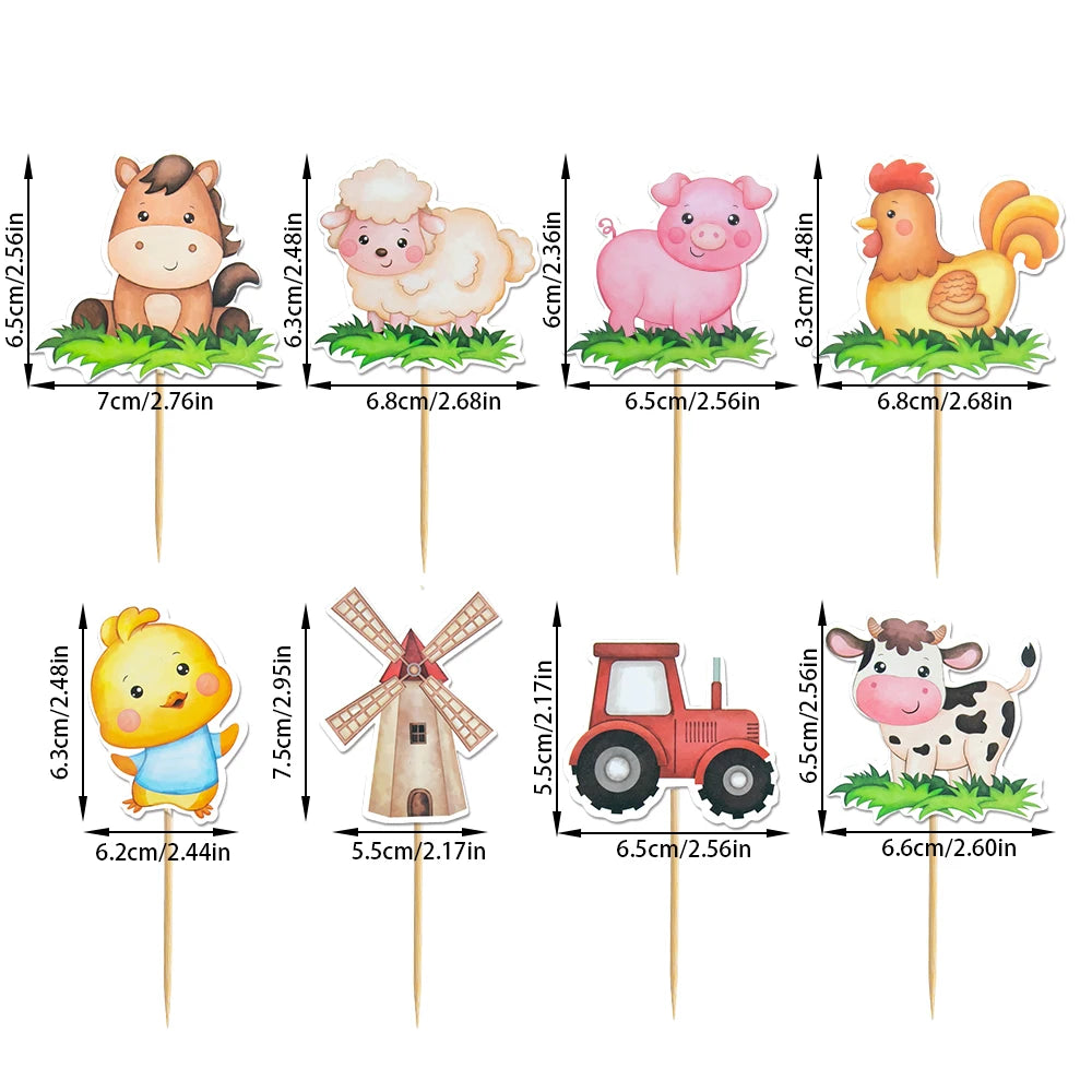 décoration anniversaire cupcake picks animaux dessin animé mouton cochon poulet tracteur illustration festive enfants