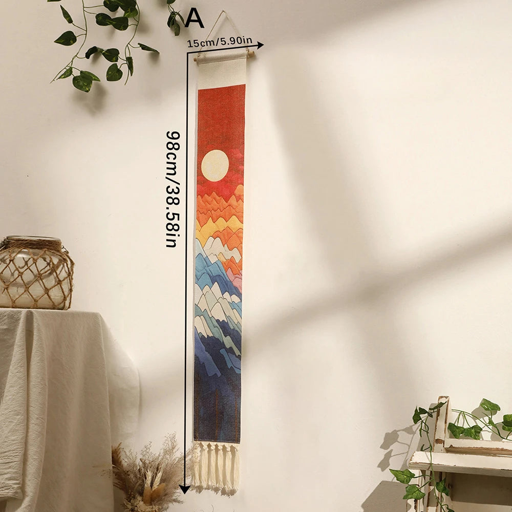 tenture murale bohème paysage montagnes soliel coton orange rouge bleu beige blanc minimaliste