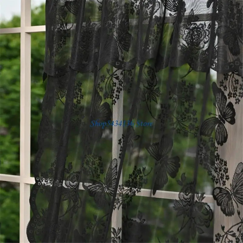 rideau noir blanc papillons dentelle transparent classique romantique fenêtre extérieure pastorale polyester