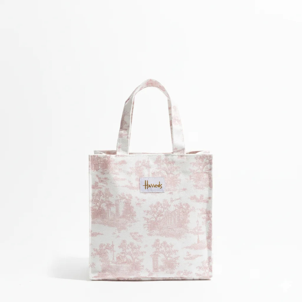 sac main toile blanc rose motif paysan classique pliable poignées détachables étiquette ruban doré