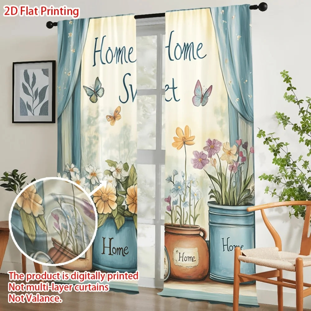rideau imprimé fleurs papillons textes sweet moderne opacité polyester bleu blanc beige