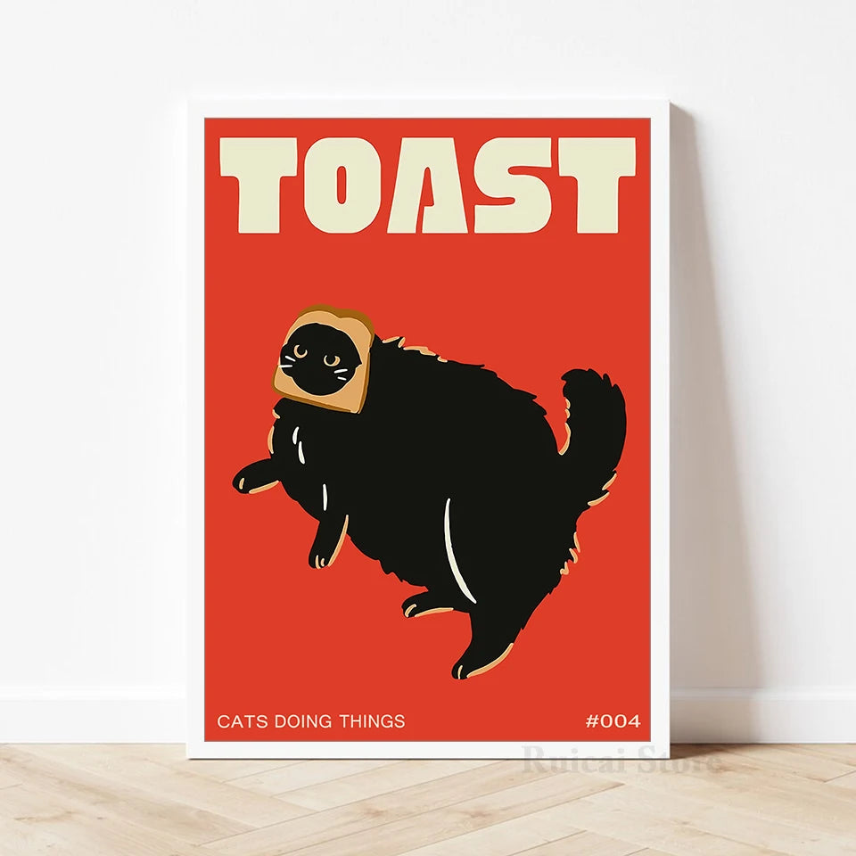 affiche murale toile chat noir toast illustration humoristique moderne décoration chambre fond rouge minimaliste