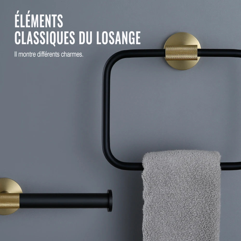 accessoires salle bains porte serviettes moderne porte savon noir doré texture moletée fixations élégants