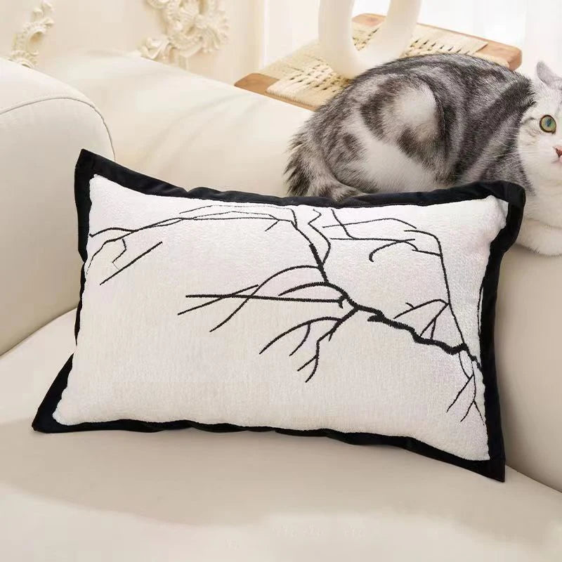coussin brodé branches noires moderne blanc 100 polyester adhésif décoration intérieure canapé lit voiture