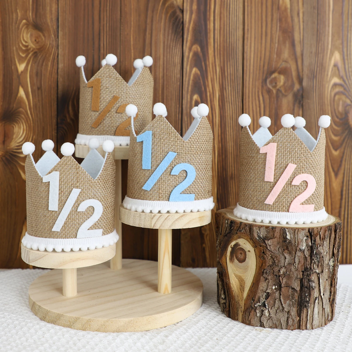 couronne décorative marron blanc bleu rose pompons chiffres anniversaire enfant photo rustic