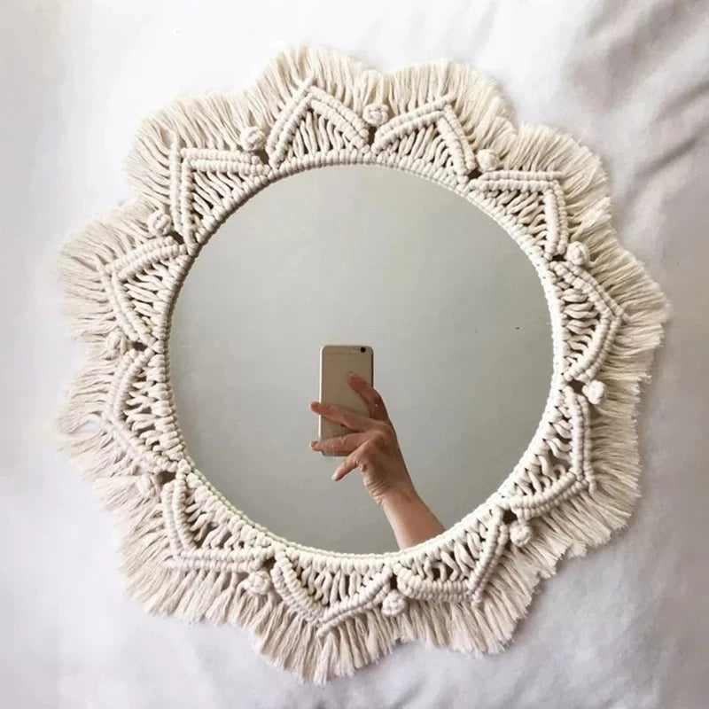 miroir decoratif boheme macramé franges étoile tressage blanc cassé geometrique chambre salon