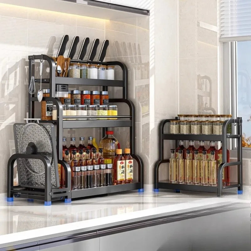 étagère cuisine métal noir moderne deux niveaux rangement épices bouteilles sauce accessoires cuisine