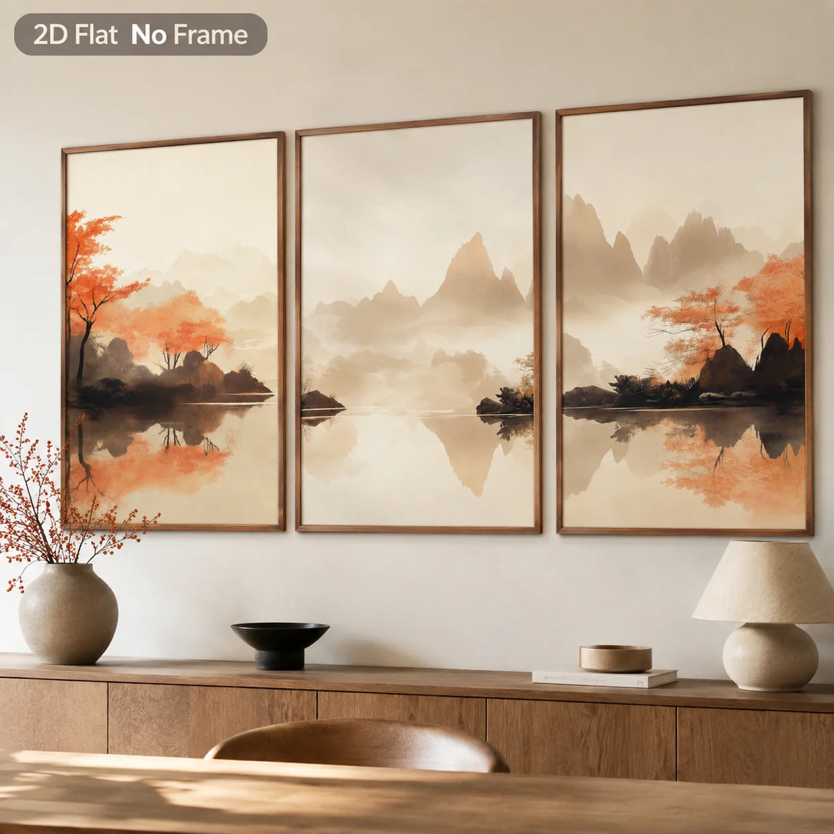 tableau contemporain paysage abstrait montagnes arbres eau beige orange gris noir sans cadre