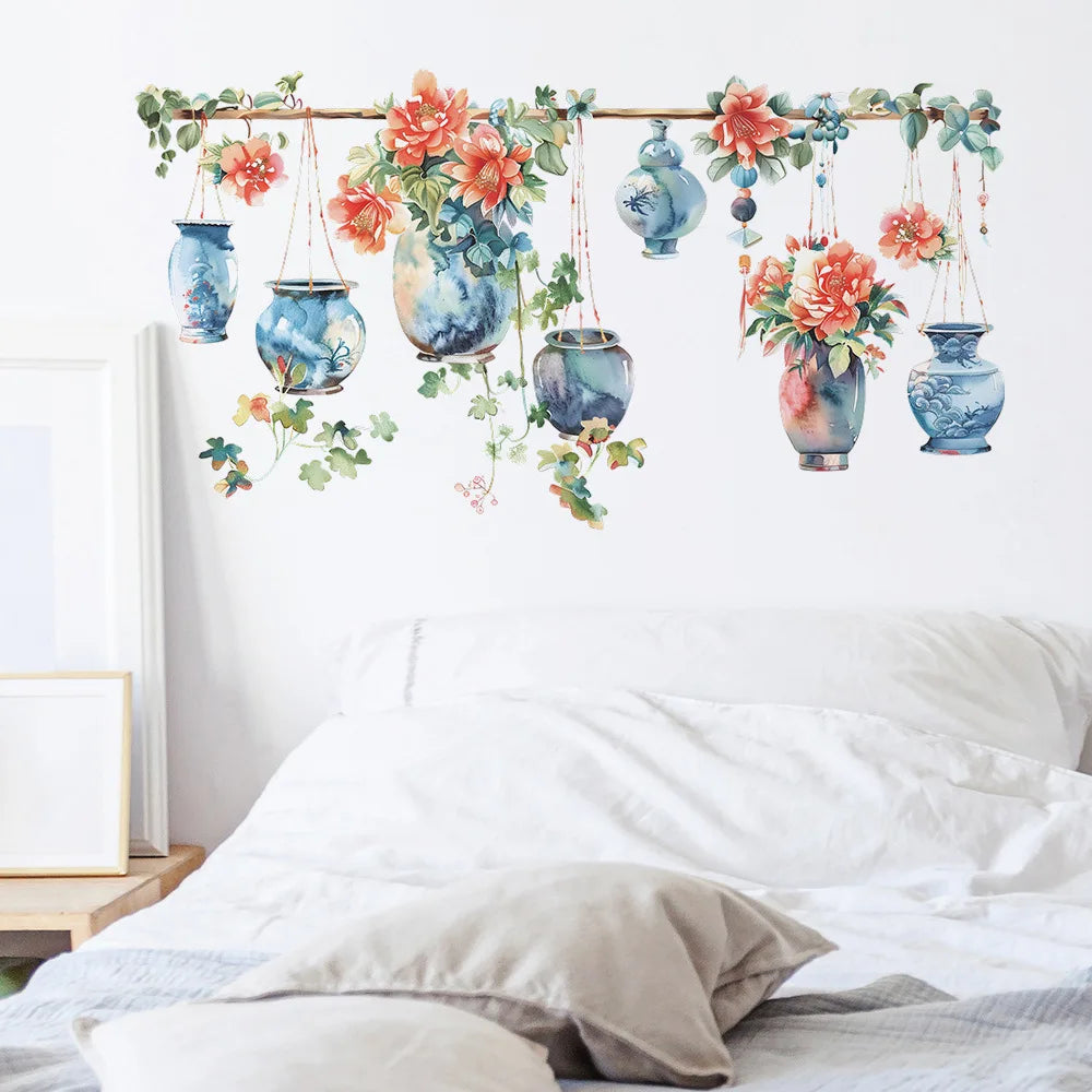 sticker mural fleurs vases colorés art floral vintage auto adhésif pvc résistant eau salon