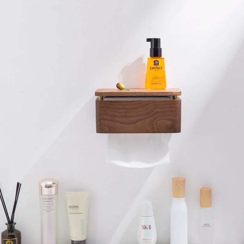 boîte papier toilette bois marron grain naturel moderne minimaliste fixation murale sans trou nécessaire