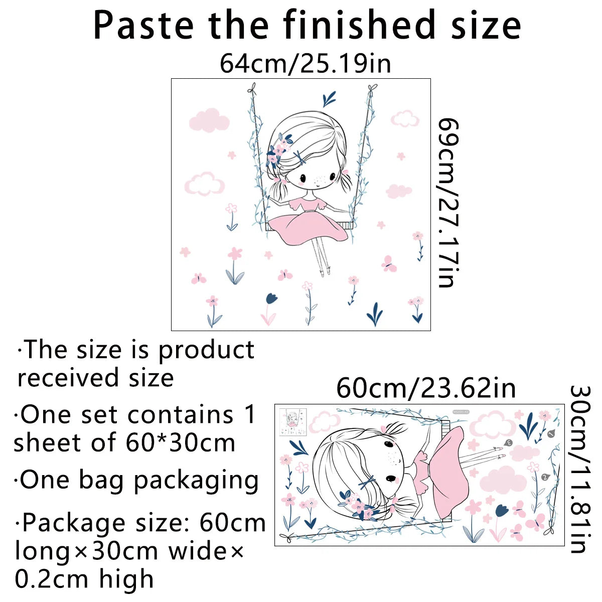 sticker mural décoration enfantine fille dandelins nuages balançoire dessin animé pvc adhésif chambre rose