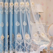 rideau semi transparent brodé floral romantique élégant bleu clair plissé fixe crochets anneaux métalliques
