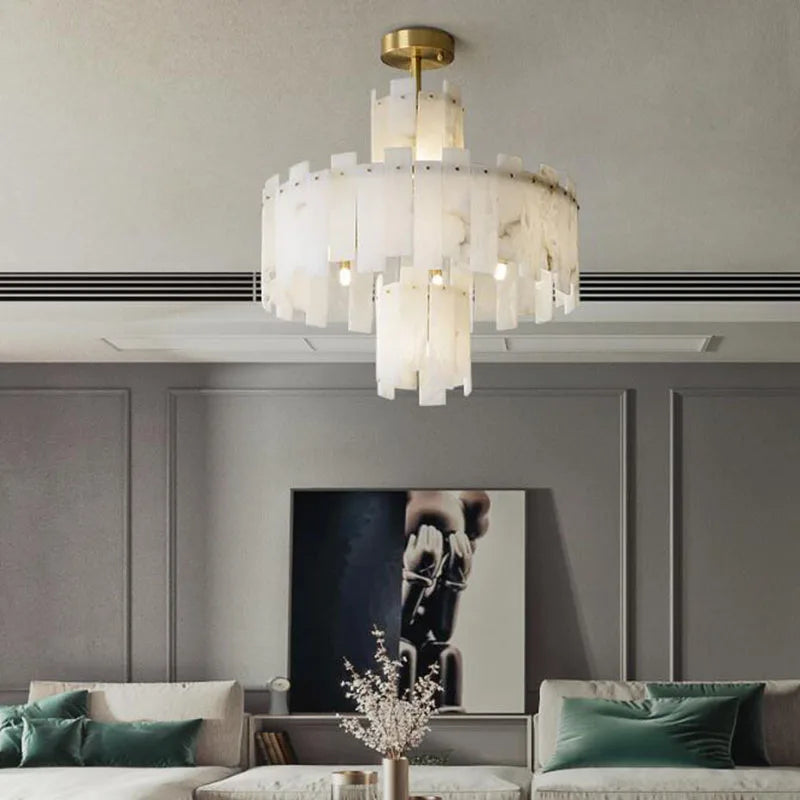 suspension lumineuse moderne marbre blanc bronze led finition brossée dorés chambre salle manger
