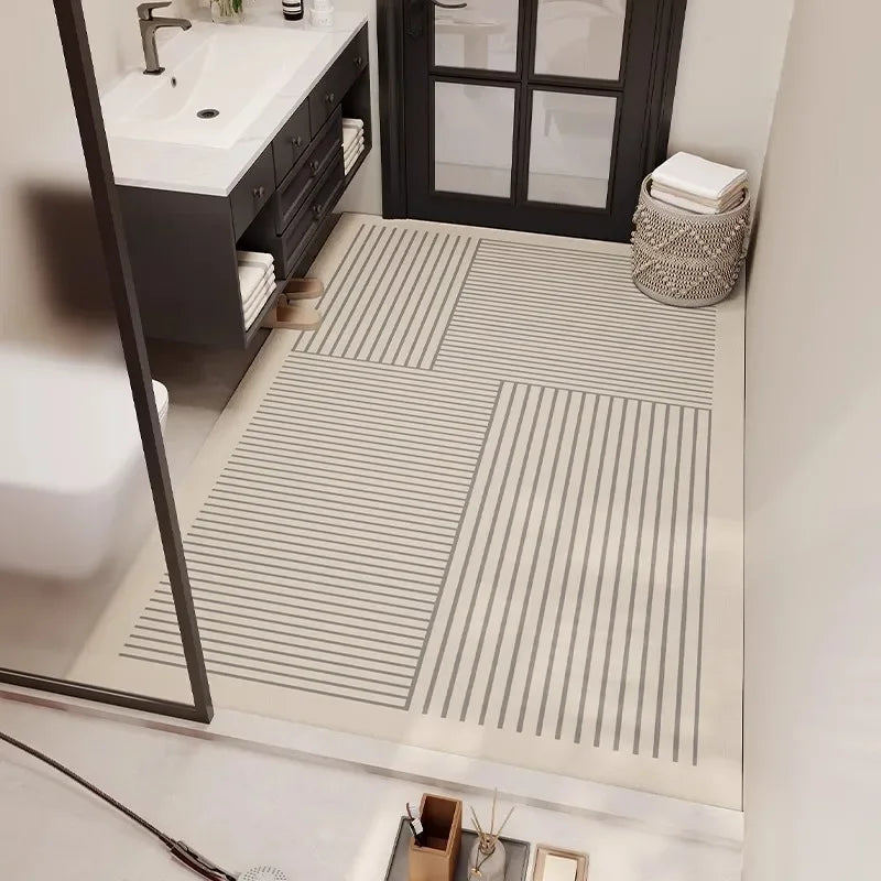 Carrelage de salle de bain élégant avec motif de lignes verticales et horizontales.