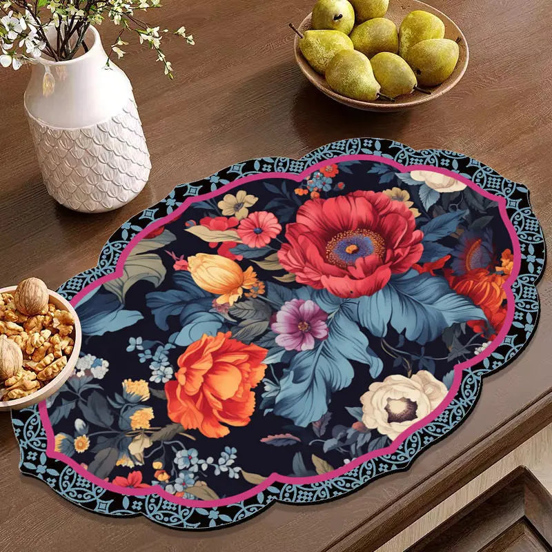 tapis table classique floral couleur bleu foncé rouge orange blanc vert beige
