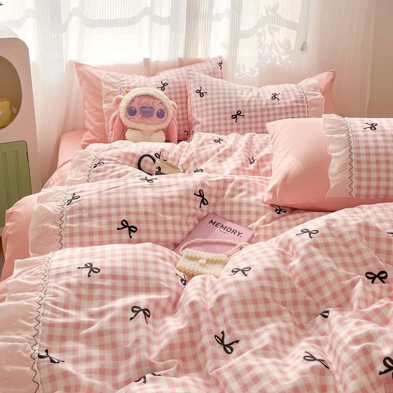 ensemble literie rose gingham nœuds frangés doux girly enfant taies oreiller couverture