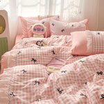 ensemble literie rose gingham nœuds frangés doux girly enfant taies oreiller couverture