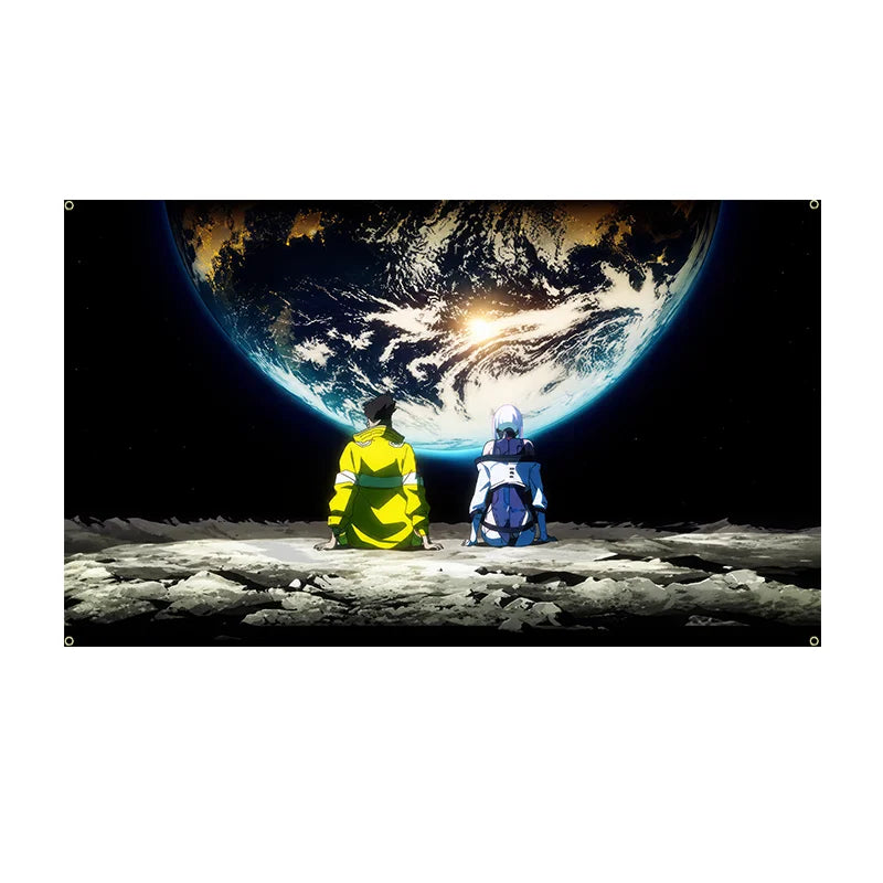 tapisserie cyberpunk astronautes lune terre moderne bleu jaune noir blanc décoration mur