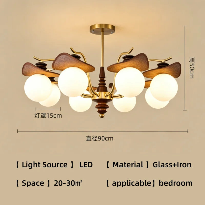 lampe suspendue or classique bois foncé tête translucide led salon chambre