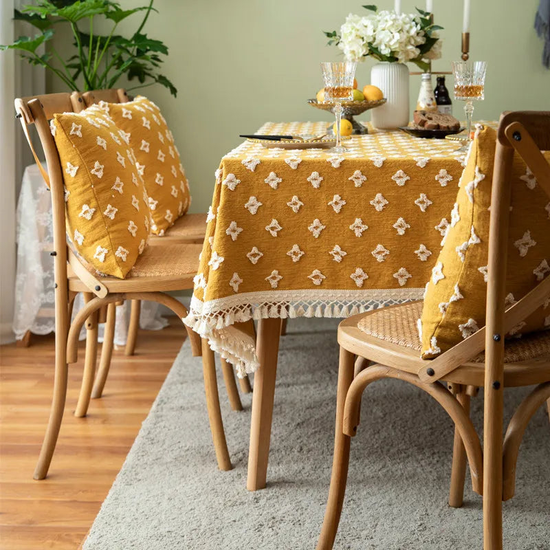 nappe table vintage jaune moutarde motif floral nordique réutilisable été printemps hiver automne