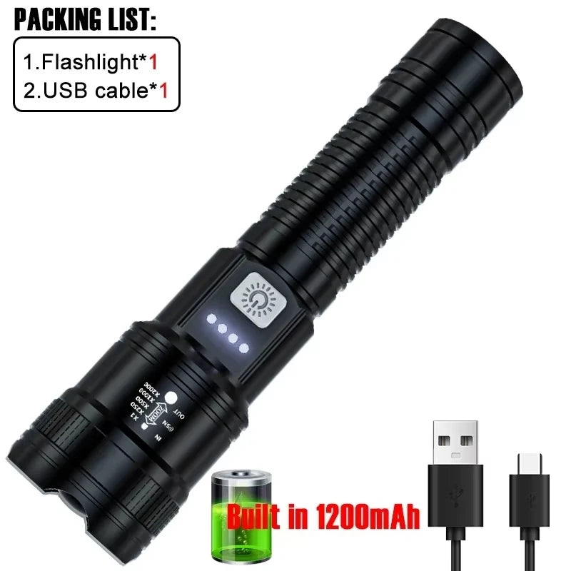 lampe torche noire led puissante rechargeable urgence camping 1000lm moderne résistante chocs