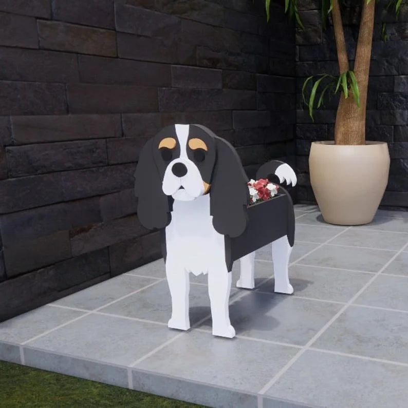 cache pot chien forme cartoon blanc beige marron noir rose vert détails visage plante