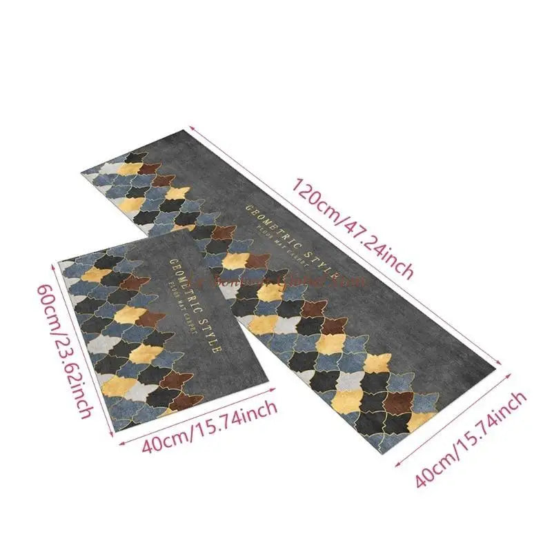 tapis sol cuisine motifs géométriques floraux moderne bleu foncé orange blanc