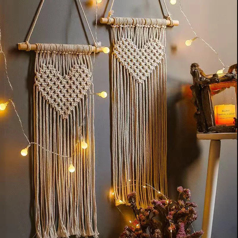 tapisserie murale macramé cœur géométrique bohème tige bois franges chambre maison