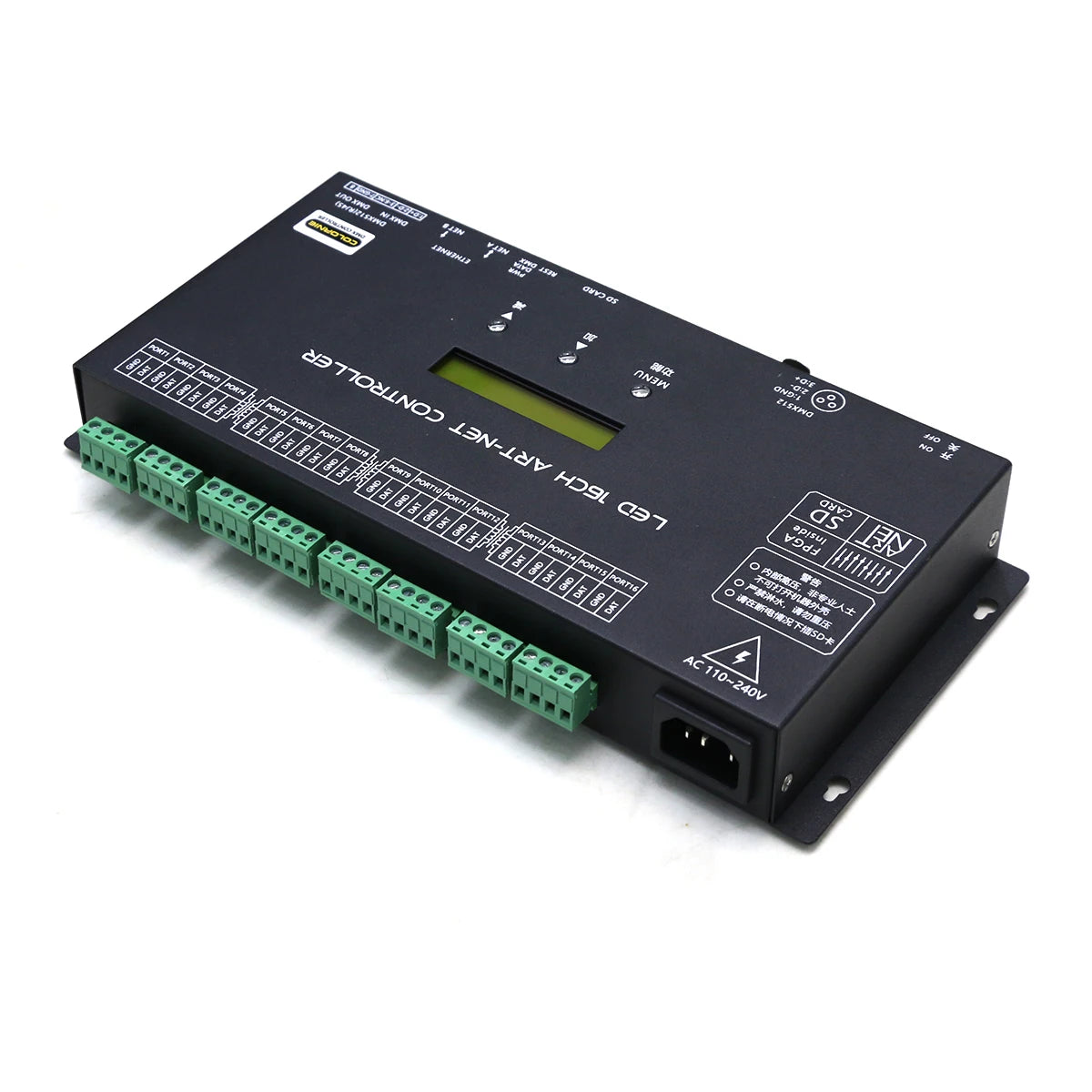 contrôleur led noir industrielle 16 ports resolume ws2811 ws2812 ws2815 dmx512 console
