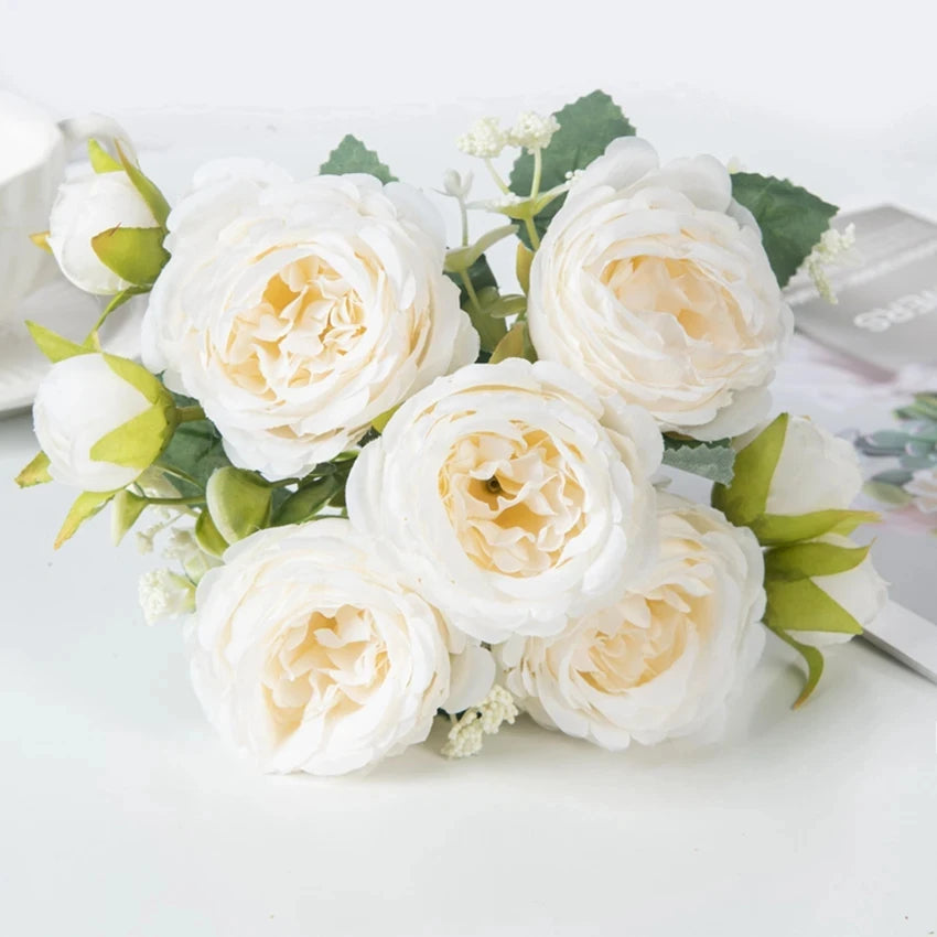 bouquet fleurs artificielles pivoine roses vintage blanc rose bleuclair decoration maison exterieur mariage anniversaire