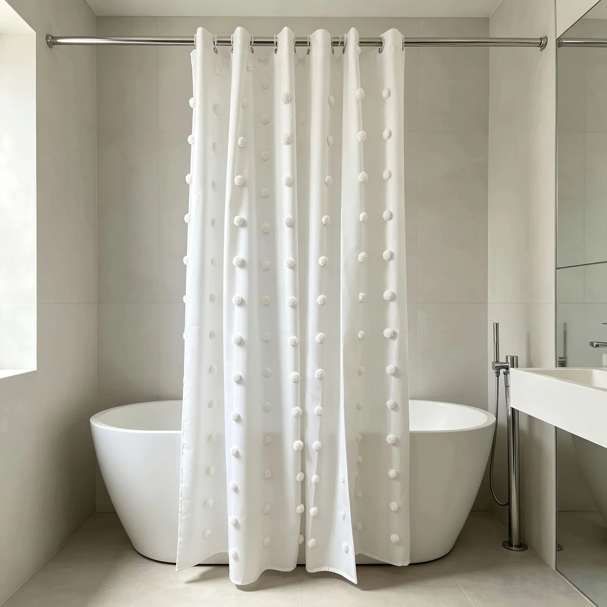 rideau douche blanc pompons polyester texture jacquard moderne respectueux environnement